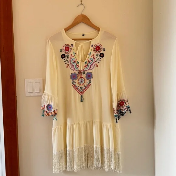 Boho Embroidered Peasant Dress Cream Fringe Festival Tunic Midi S - Picture 2 of 14